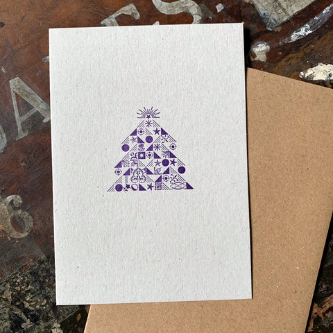 Ornamental Christmas Tree letterpress greetings card, purple