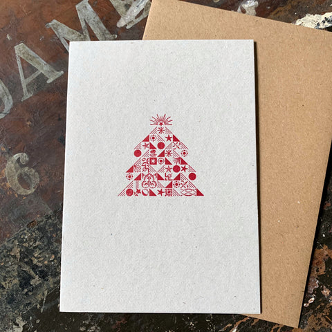 Ornamental Christmas Tree letterpress greetings card, red