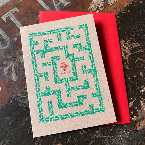 Santa Maze letterpress greetings card, brown